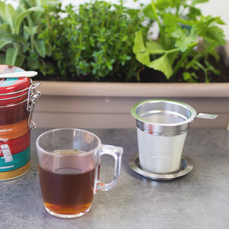 Filtre à thé au maillage fin et sa soucoupe